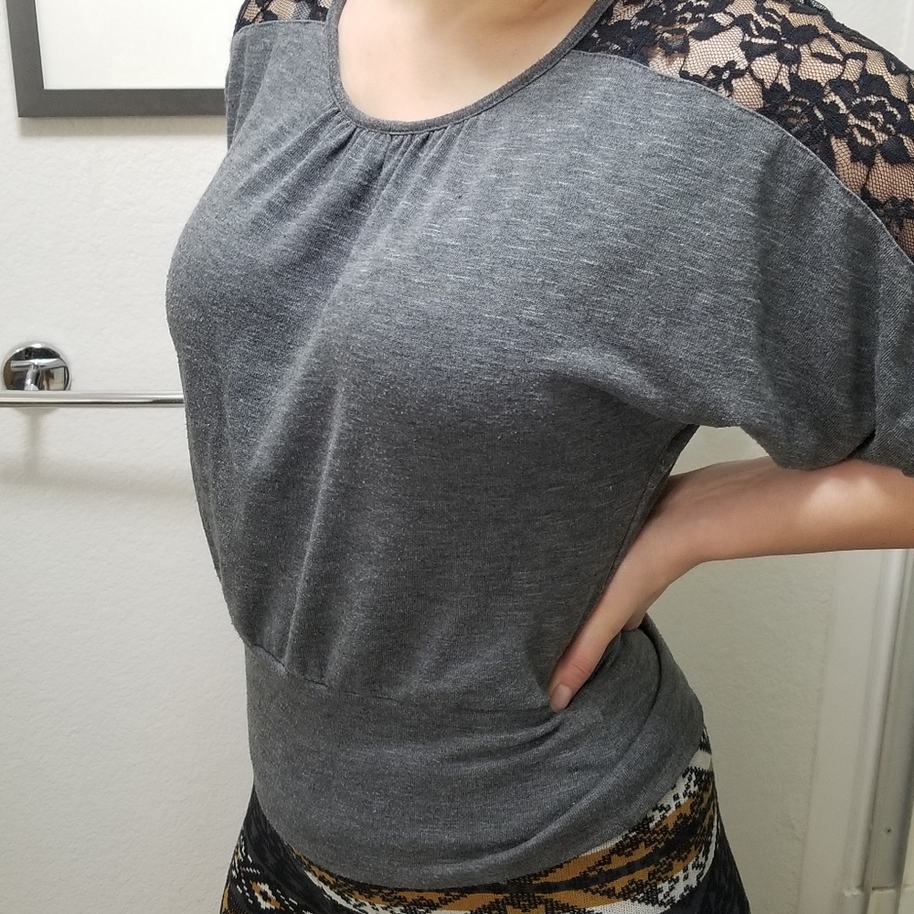 Grey Shirt with Lace Shoulder Details